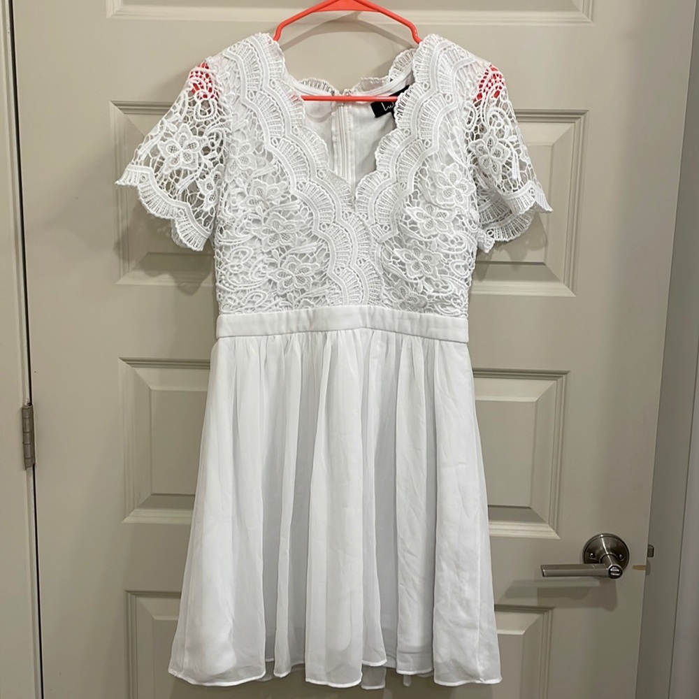 White a-line dress with floral decals